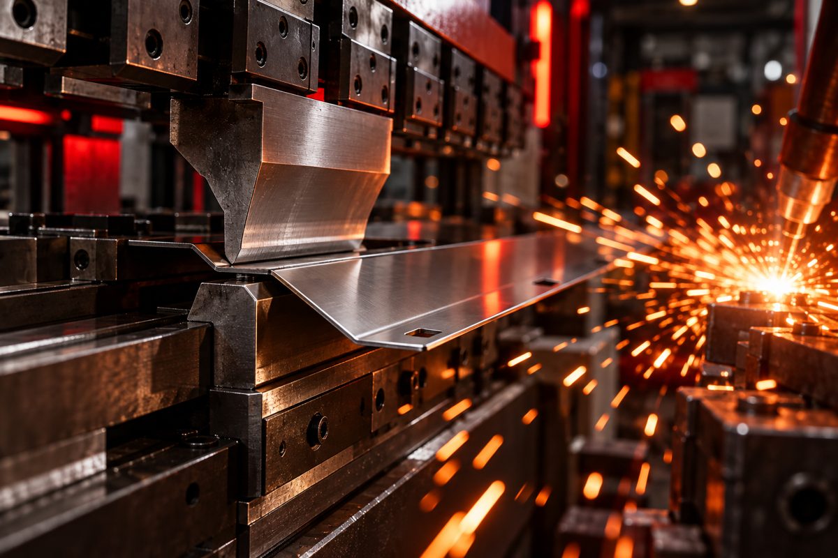 CNC press brake bending a stainless-steel panel with welding sparks
